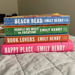 Four Emily Henry Books, beach read, book lovers, happy place, people we meet on